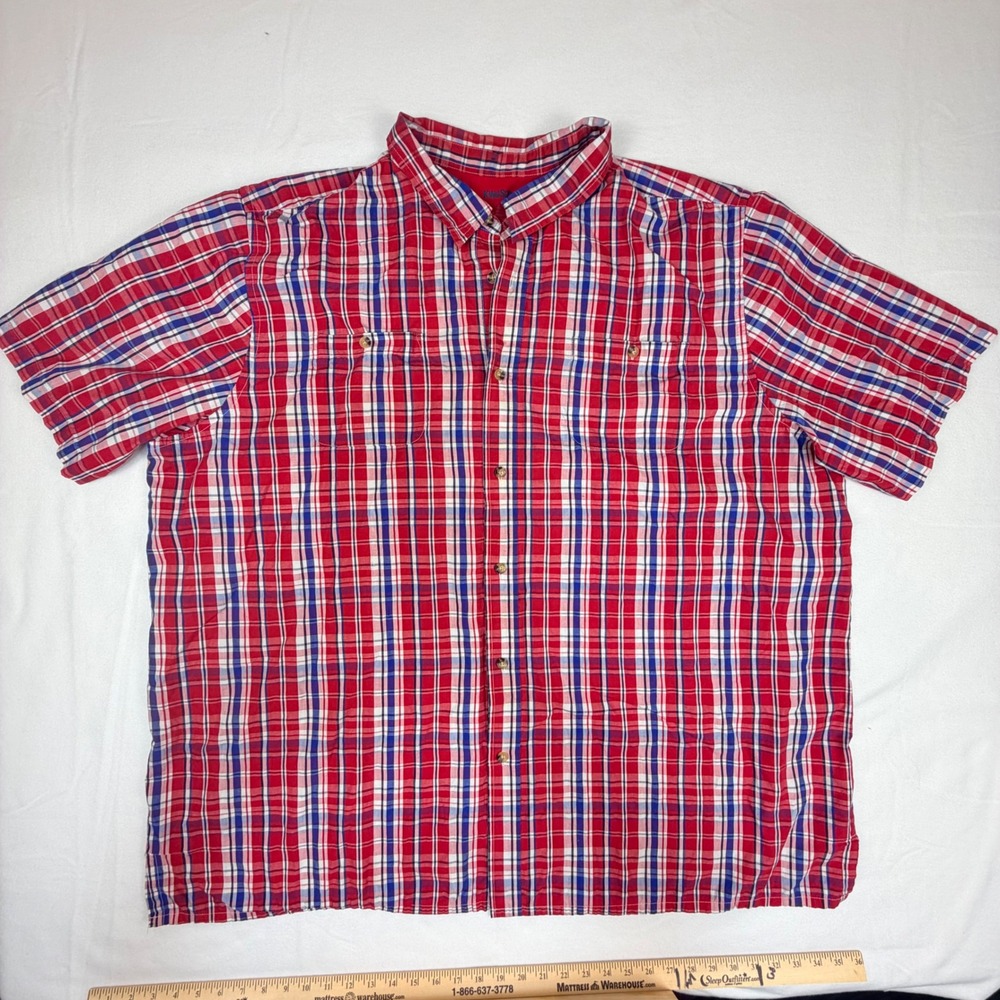 KingSize Mens 4XL Tall Red White Blue Plaid Short Sleeve Button Down‎ Shirt